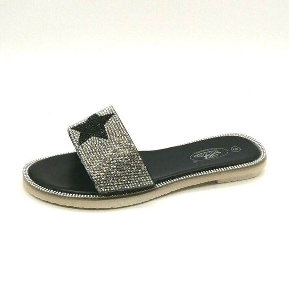 Bolaro Womens Star‎ Rhinestone Slide Sandals Black Slip On Flat Heel 6 - Picture 1 of 9